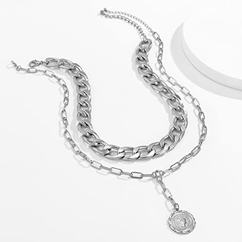 JWICOS Dainty Layered Silver Women's Cuban Chain Necklace Bohemian Coin Pendant Link Chunky Necklace for Women (Silver) - color: Silver