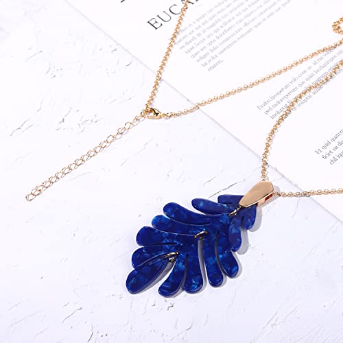 ARATLENCH Acrylic Pendant necklace Earrings – Long Statement Leaf Charm Necklace Tortoise Resin Palm Leaf Earrings Fashion Necklaces Earrings for Women - color: deep blue necklace