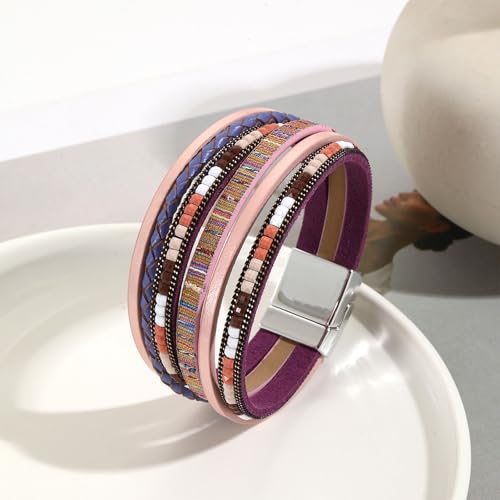 VIBILIA Boho Leather Wrap Bracelets for Women Multi-Layer Bracelets with Strong Clasp Jewelry for Women - color: 03-BohoBraid-Purple