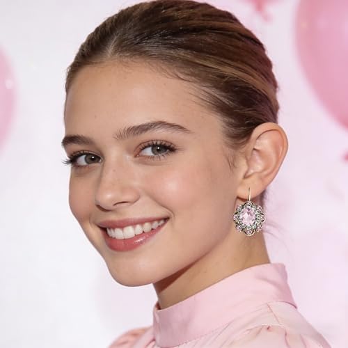 Handmade Bohemian Vintage Gold Sparkly Crystal Round Flower Leverback Earrings Cute Rhinestone Geometry Dangle Drop Earring for Women - color: Pink