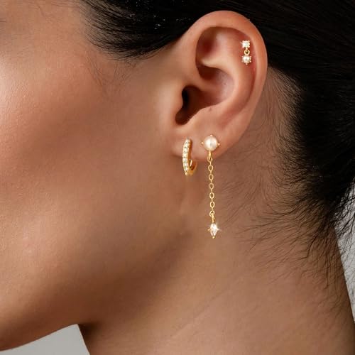 Pearl Earrings for Women, Gold Plated Huggie Hoop Drop Earrings | Hypoallergenic pearl hoop earrings designed for multiple piercings, cartilage styling and everyday wear - style: 4 pearl drop chain earring set-gd