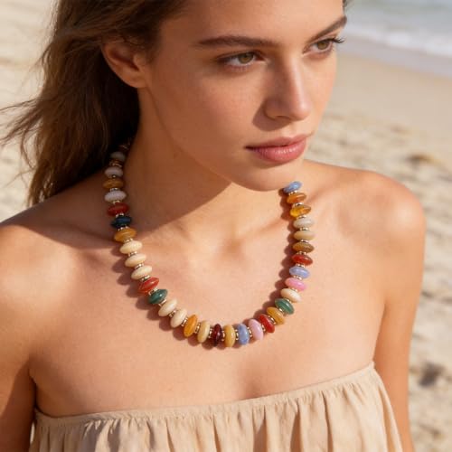 Colorful Chunky Beaded Necklaces for Women - Statement Boho Layered Necklace, Handmade Festival Jewelry, Trendy Bead Necklace Gift - color: Colorful Chunky Beaded Necklace B