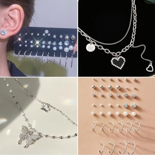 47pcs Gold Jewelry Set With 3 PCS Necklace, 11 PCS Bracelet,20pcs Hoop Stud Earrings,7pcs rings set For Women For Birthday Gifts - color: Silver