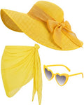 3 Pcs Summer Beach Set for Women Wide Brim Straw Sun Hat, Swimsuit Coverup Sarong, Heart Sunglasses - color: Yellow