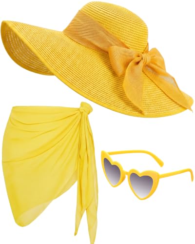 3 Pcs Summer Beach Set for Women Wide Brim Straw Sun Hat, Swimsuit Coverup Sarong, Heart Sunglasses - color: Yellow