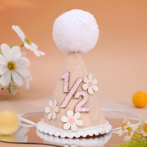 Daisy 1/2 Birthday Cone Hat - Bohemian 6 Months Birthday Decorations,Spring Flower Party Crown Photo Props - color: 1/2 Brithday