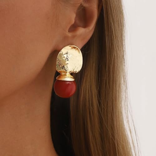 Red Ball Dangle Earrings for Women Boho Hammered Round Circle Bead Statement Charms Drop Earrings Fashion Christmas Holiday Festival Dress Accessories Jewelry Gifts - color: Gold