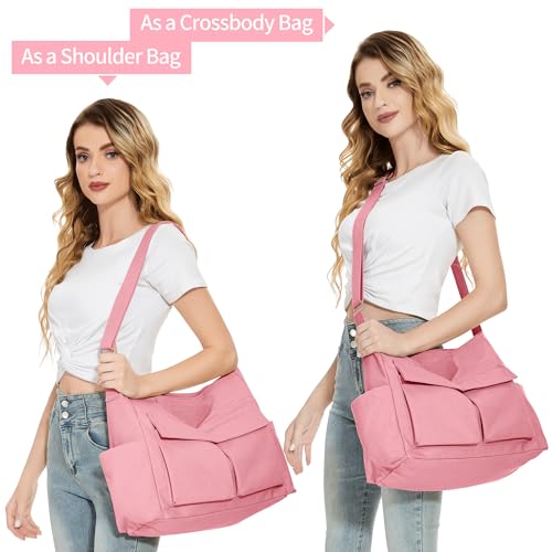 KALIDI Canvas Tote Bag Large Hobo Crossbody Shoulder Handbag Zipper Messenger Bag for Women or Men Casual College Work - color: Upgraded Pink