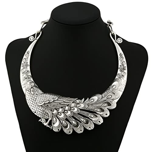 YAZILIND Chunky Bib Necklace Peacock Bohemian Women's Vintage Silver Plated Ethnic Clavicle Collar Jewelry