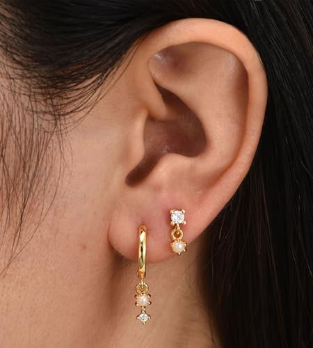 6 Pairs 14K Gold Plated Stud Earrings for Women, Hypoallergenic Cartilage Earrings for Multiple Piercing, Dainty Small Stackable Earrings Set for Jewelry Gift - color: Gold-4 Pairs Chain