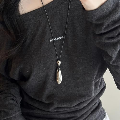 Long Gold Pendant Necklaces for Women Trendy Chunky Silver Big Pendant Statement Goth Black Leather Cord Rope Large Bean Necklace Boho Dangle Jewelry - color: Silver