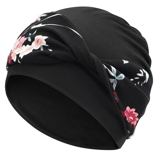 Women Knot Slouchy Beanie Chemo Hat Twist Stretch Cancer Head Wraps Sleep Head Scarf - color: Black Red Flowers