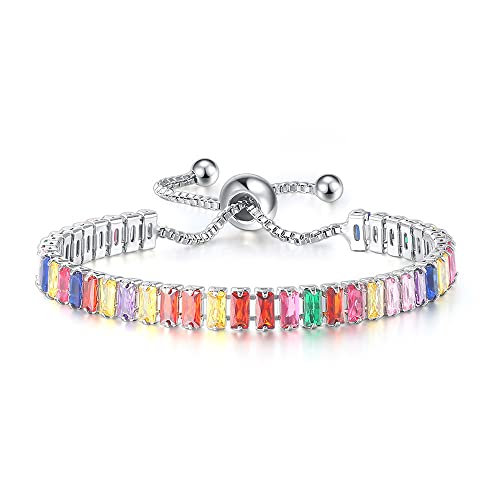 CiNily Adjustable Tennis Bracelets for Women Teen Girls Rainbow Cubic Zirconia Bracelet 14K White Gold Plated Hypoallergenic Slider Bracelet Jewelry Gift - color: Adjustable-Square White Gold
