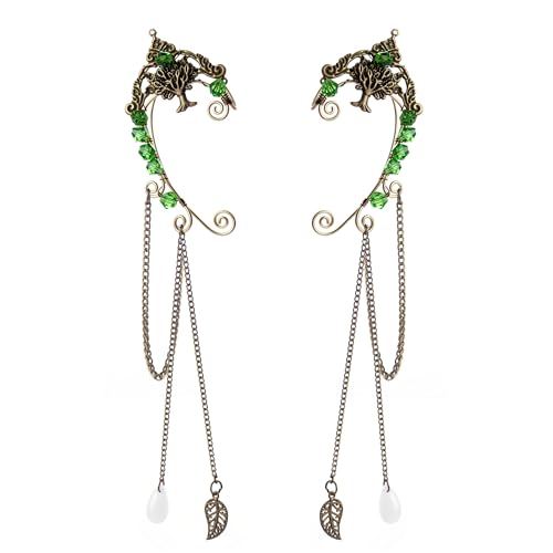 Elf Ear Cuffs, OwMell Handcraft Silver Pointed Fairy Elven Cosplay Fantasy Costume Bridal Wedding Earrings for Non Pierced Ears - style: Tree & Green Beads