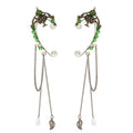 Elf Ear Cuffs, OwMell Handcraft Silver Pointed Fairy Elven Cosplay Fantasy Costume Bridal Wedding Earrings for Non Pierced Ears - style: Tree & Green Beads