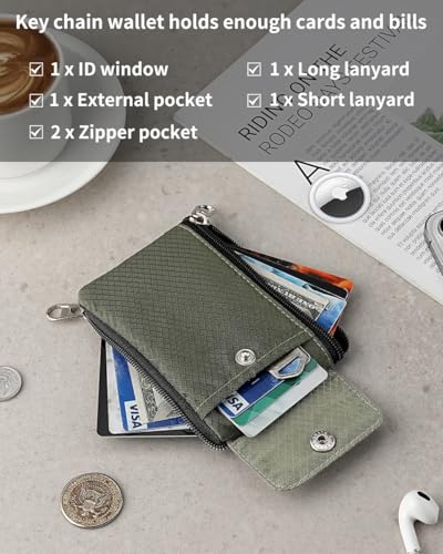 Artpaxy Minimalist Wallet For Mens Womens, Keychain RFID Blocking Zipper Small Wallet with ID Window 2 Lanyards,Water Resistant Travel Cash Card Coin Case Boys Girls - color: Army green+Light gray green, style: Casual