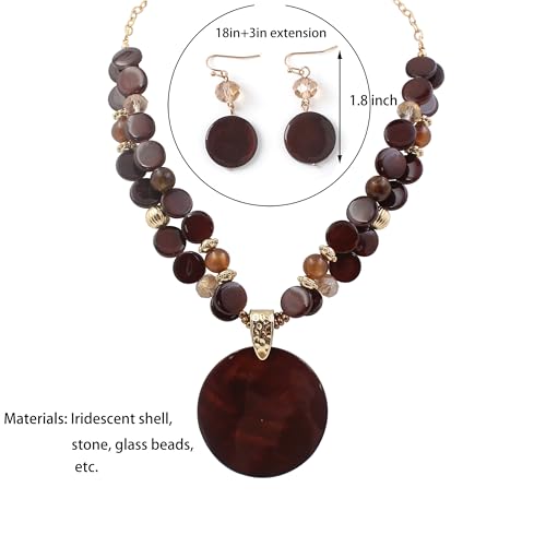 Layered Beads Statement Fashion Necklace Chunky Jewelry Set Big Colorful Glass Stone Circle Shell Pendant Choker Necklace and Earring Set for Women - color: Brown