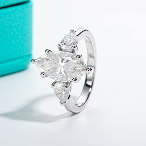 AnuClub Round/Emerald/Marquise Cut Moissanite 3 Stones Engagement Rings D Color VVS1 Round Cut 925 Sterling Silver Anniversary Wedding Promise Rings for Women - color: 3.5cttw Marquise Cut