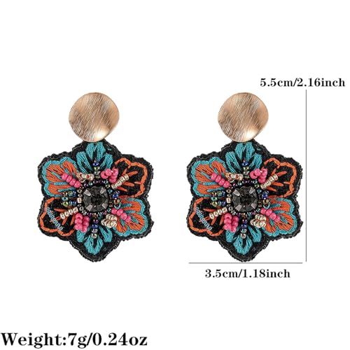 Boho Floral Embroidered Earrings with Colorful Bead Accents and Crystal Center for Women - color: Green