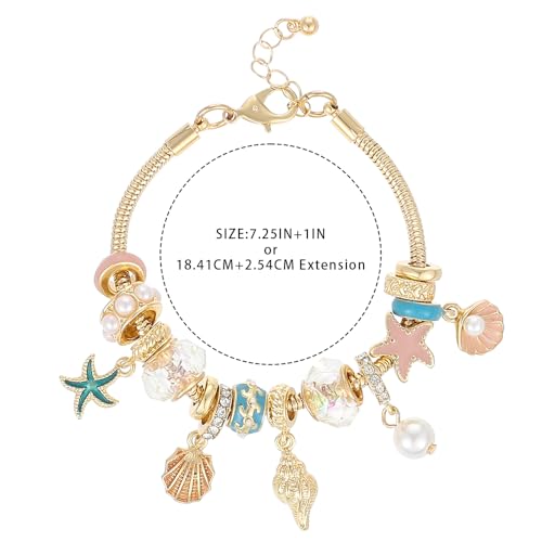Madison Tyler Beach Bracelet for Women | Seahorse Octopus Tropical Fish Sea Turtle Shell Conch Beaded Charm Bracelet | Cute Gold Plated Adjustable Snake Chain Bracelet - style: Conch