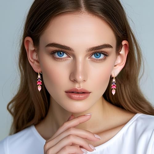 Colorful Cubic Zirconia Dangle Earrings for Women Multicolor Crystal Earrings Rainbow Cz Dangling for Birthstone Jewelry - color: Pink and purple