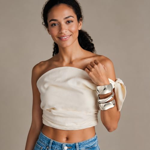 Chunky Gold Bangle Bracelets for Women Trendy 14K Gold Plated Cuff Bracelets Stack, Dainty Gold Bracelet Sets Non Tarnish Fashion Jewelry Gift - style: Silver-3pc-012