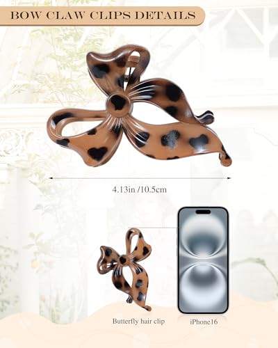 4 PCS Bow Hair Clips Bow Claw Clip for Women, Large Hair Claw Clips for Thin Thick Long Hair Cute Nonslip Bows (Black+Leopard Dark Brown+Leopard Light Brown+Gray) - color: Black+Leopard Dark Brown+Leopard Light Brown+Gray