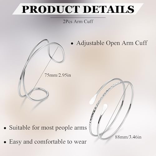 2Pcs Arm Cuff Gold Upper Arm Cuff for Women Adjustable Upper Arm Bracelets Open Irregular Arm Bangle Minimalist Coil Swirl Armlets Armband Jewelry - style: styleB silver
