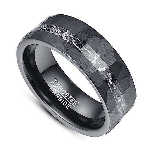 Vakki Personalized Black Tungsten Ring for Men Women Wedding Band Meteorite Inlay Custom Engraved Engagement Ring Polished Domed Comfort Fit Size 7-12 - color: B-Black-Hammered