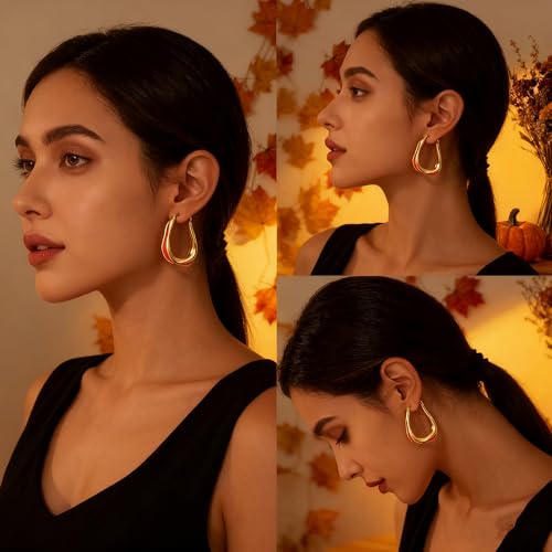 Chunky Hoop Earrings for Women Thick Minimalist Geometric Huggie Hoop Earrings Dainty Thick Y2K Preppy Earrings - style: irregular wave orange