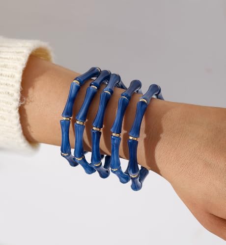 iF YOU 6pcs Chunky Acrylic Bangle Bracelets for Women, Resin Bamboo Brown Stretchy Bracelet Stack, Fashion Jewelry for Women - color: 5pcs-dark blue bracelets