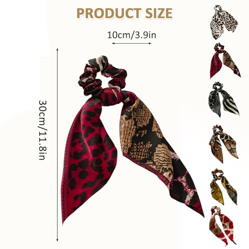 Boho Hair Scarf Scrunchies, 12” Floral Satin Bow Ties Long Bandana, French-Inspired Cheetah Ribbon Ponytail Holder Hair Accessories (Cheetah, 4 Pack) - color: Cheetah