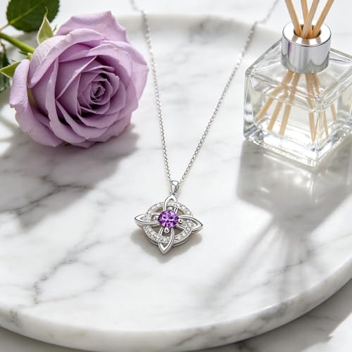 Mystical Birthstone Witches Knot Necklace – Natural Crystal Celtic Pendant, Wiccan Pagan Jewelry Gift for Women - color: February