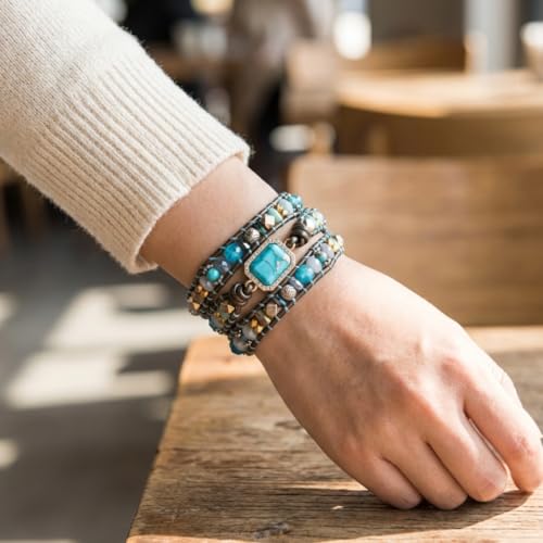 YGLINE Boho Handmade Wrap Leather Tube Crystal Stone Bracelet for Women - color: 3 wrap-blue