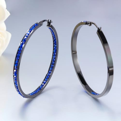 CiNily Mult-colors Crystal Stainless Steel Hoop Earring for Women Hypoallergenic Jewelry for Sensitive Ears Large Big Hoop Earrings 2" - color: Black Gold-Dark Blue