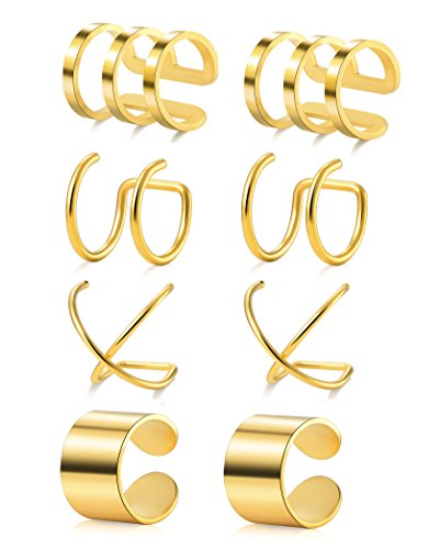 Tornito 4-10 Pairs Stainless Steel Ear Cuff Helix Cartilage Clip On Wrap Earrings Fake Nose Ring Non-Piercing Adjustable - color: B1: 4 Pairs, Gold Tone