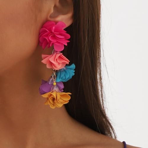 Colorful Flower Fringe Statement Earrings for Women Bohemia Vintage Big Fabric Floral Dangle Earrings Exaggerated Flower Earrings Ethnic Style Jewelry