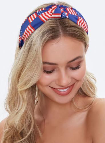Huachi American Flag Headbands for Women Knotted 4th of July Headband Accessories for Women Patriotic USA Hair Band Top Knot Hair Hoops Girls Independence Day Red White and Blue Head Bands - color: American Flag Headbands