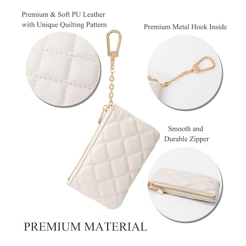 Quilted Leather Coin Purse with Keychain - Small Coin Pouch Key Pouch Small Card Holder Keychain Wallet Change Purse for Women and Men (Creamy-white) - color: Creamy-white