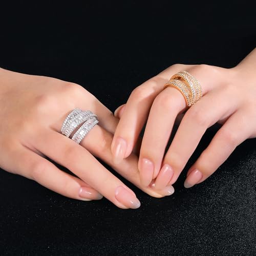 MDFUN 18K White Gold/Yellow Gold Plated Halo Wedding Eternity Ring for Women, 3 Rows Emerald Cut Cubic Zirconia Rings Statement Band Size 5-10 - color: White Gold