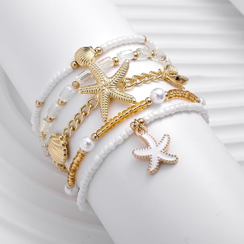 Shell Bracelet Seashell Boho Beaded Stretch Bracelets for Women Summer Beach Bracelets Starfish Charm Bracelet Stackable Gold Plated Bracelets Set for Women - color: h-gold 2