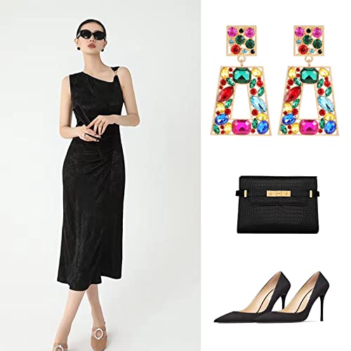 Rhinestone Rectangle Statement Earrings Colorful Crystal Geometric Drop Dangle Earrings for Women Prom Party - color: colorful