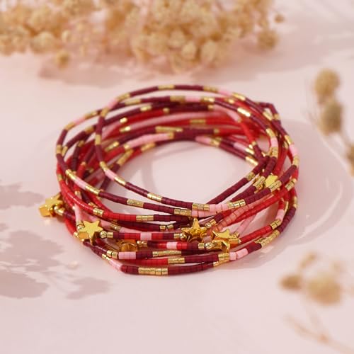 Dainty Gold Beaded Star Bracelets Stack for Women,Handmade Boho Colorful Beads Bracelet Fashion Prom Holiday Jewelry Gift Friendship Family - color: Red