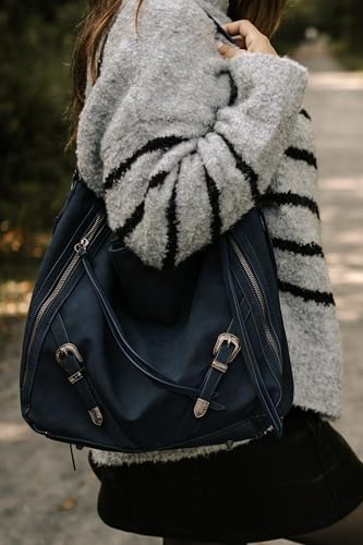 Wrangler Large Hobo Purses and Handbags for Women with Buckle and Fringe Zipper Faux Suede Shoulder Bag - color: Navy