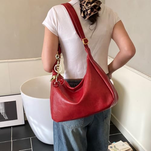 Hobo Bags for Women Leather,Foldable Slouchy Shoulder Purse Crossbody Handbag,Soft Vegan Brown Tote Casual Everyday Handbags - color: Wy22 Upgraded Wine Red