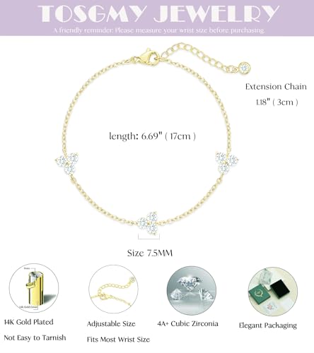Dainty Silver Gold Bracelets for Women Trendy Non Tarnish 14K Gold Plated Cute Clover Bracelet Stackable Daisy Cubic Zirconia Diamond Charm Bracelet Stack Waterproof Jewelry Gifts - color: E- 3CZ Bracelet- Gold