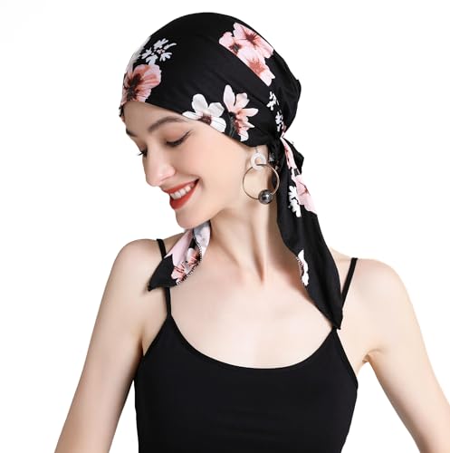 ZLYC Chemo Headwear Pre Tied Head Scarf Headwraps Lightweight Turban Beanie Cap for Women - color: Floral Black