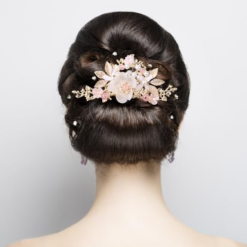 HINZIC 5PCS Silk Flower Tassels Hairpin, Crystal Rhinestone Pearl Hair Clips Headpiece Retro Flower Chinese Hanfu Wedding Brides Hair Accessories Jewelry for Women Girls Updo Long Hair - color: Pink-3pcs