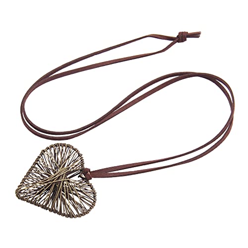 GelConnie Leather Cord Necklace Chain Multilayer Wooden Pendant Necklaces Vintage Jewelry Boho Long Sweater Necklace for Women Men - color: Brown Heart Necklace