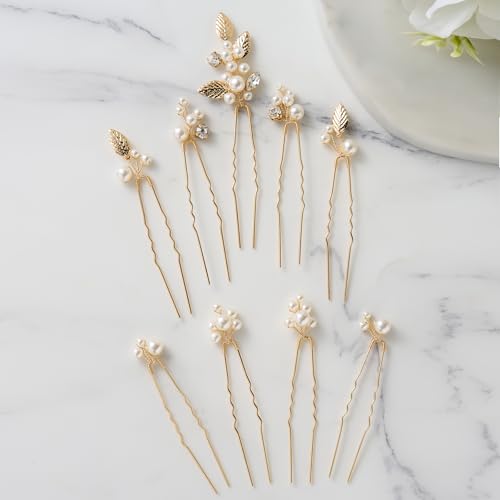 SWEETV 9 Pieces Bride Hair Accessories Pearl Wedding Hair Pins Leaf Bridal Hair Piece Vintage Hair Headpiece Leaf Hair Clips Jewelry for Women Bridesmaids Brides Flower Girls - color: Set-C-Gold